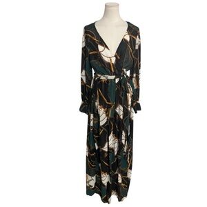 LOVE CULTURE‎ Wrap Style Green Maxi Dress Size M Gold Chain Print V Neck Party